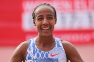 Sifan Hassan of the Netherlands finished fourth with a time of 2:18:05 in the women's elite race at the Tokyo Marathon 2024. (Photo by Michael Reaves/Getty Images)